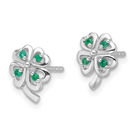 QE16772 Sterling Silver RH-plated Emerald Four Leaf Clover Post Earrings