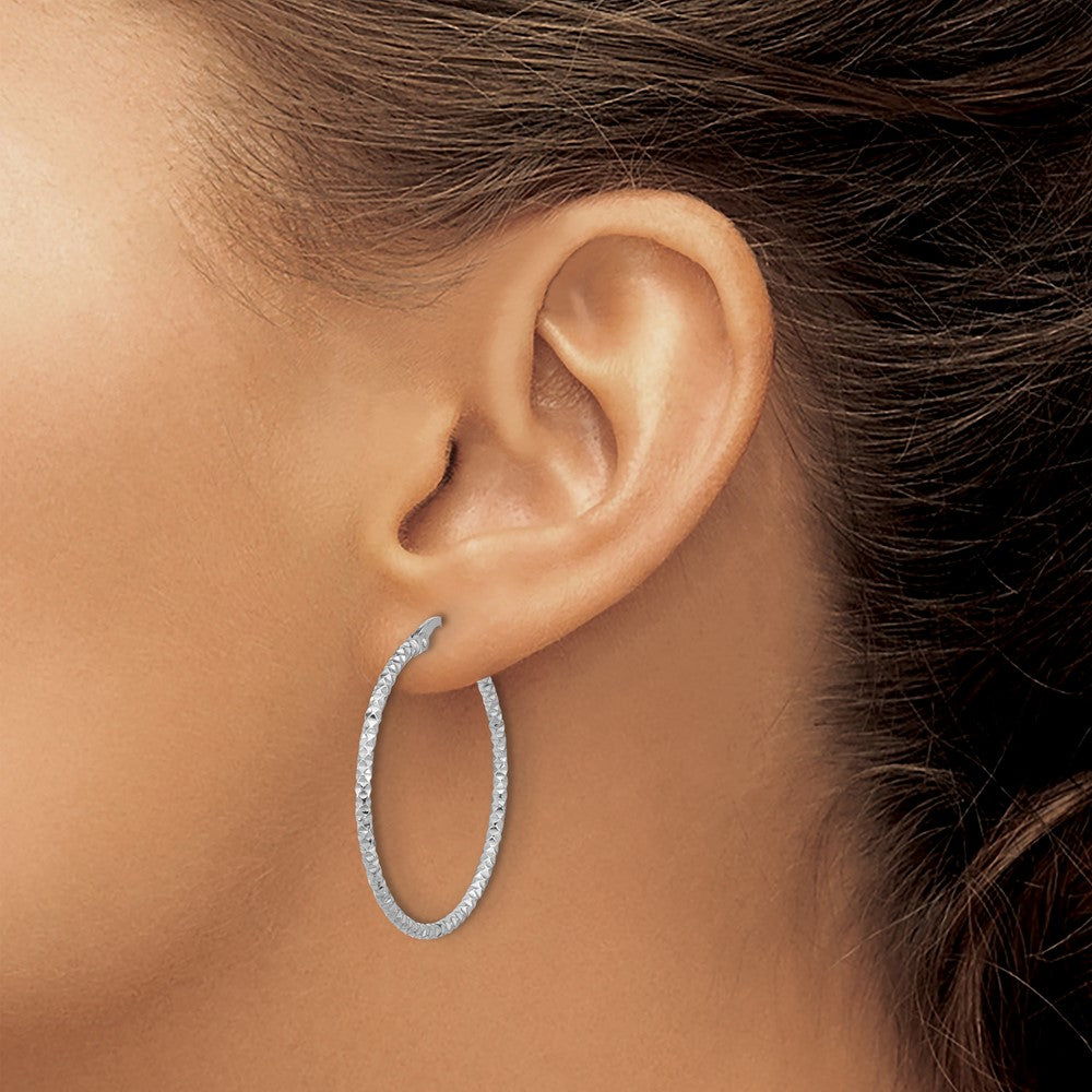 QE16775 Sterling Silver Rhodium-plated Polished Textured 1.60mm Hoop Earrings