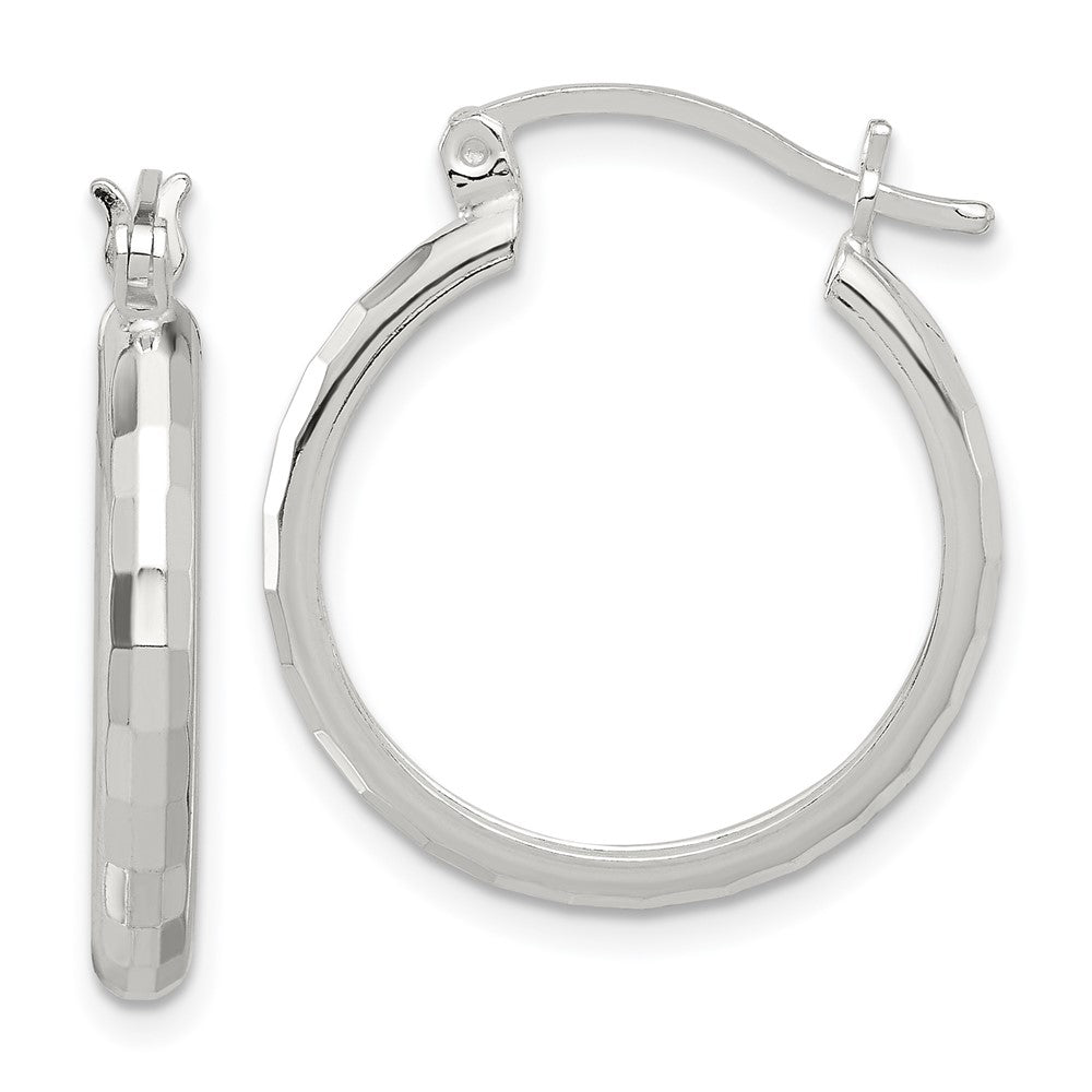 QE16780 Sterling Silver Polished Textured Hoop Earrings