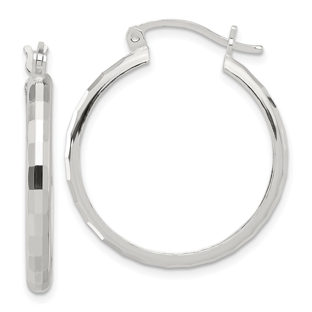 QE16781 Sterling Silver Polished Textured Hoop Earrings