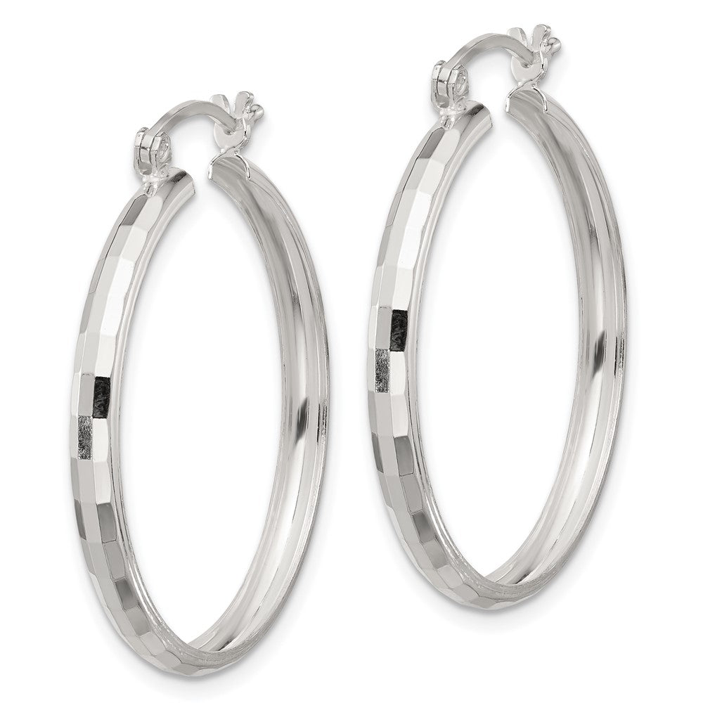 QE16782 Sterling Silver Polished Textured Hoop Earrings