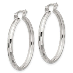 QE16782 Sterling Silver Polished Textured Hoop Earrings