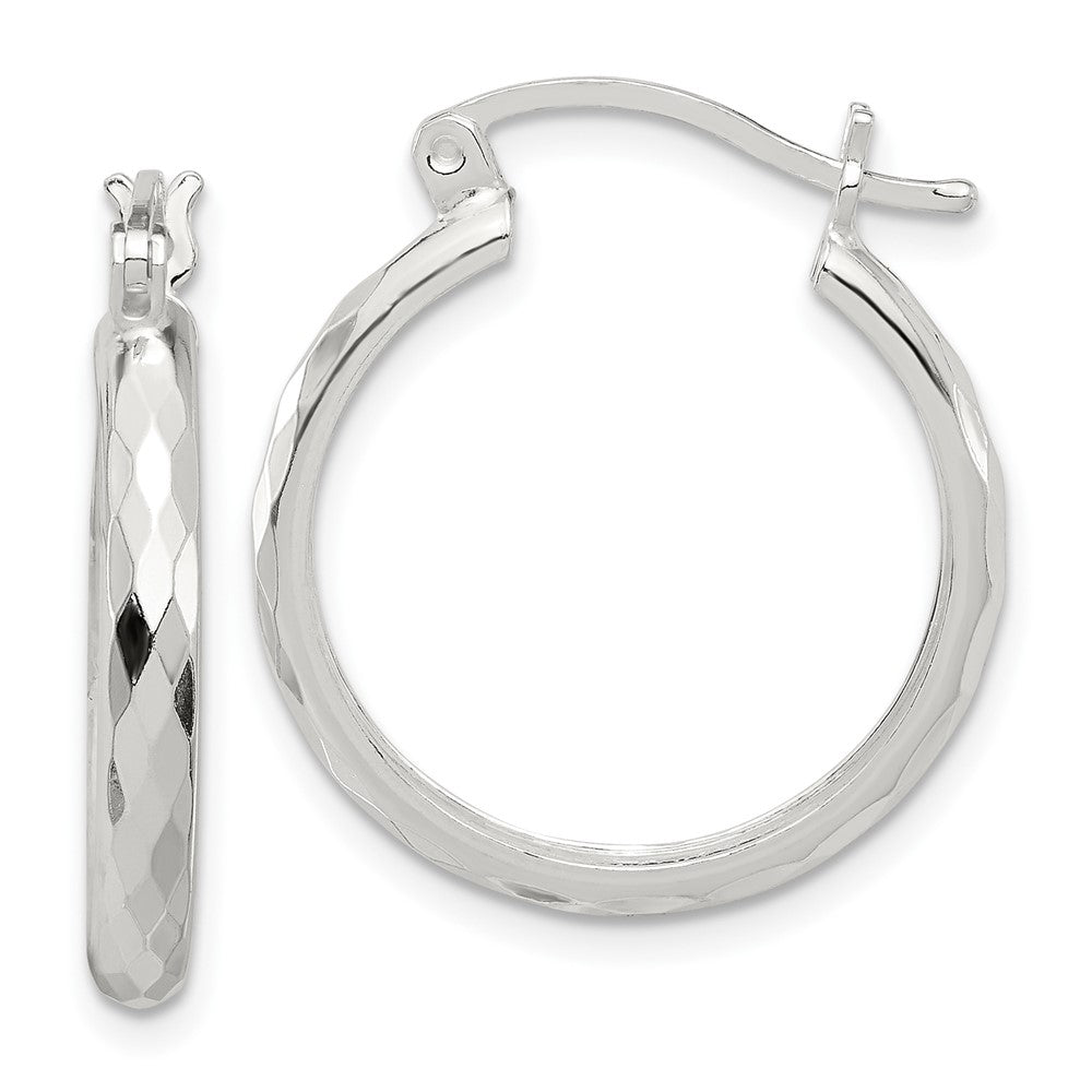 QE16784 Sterling Silver Polished Textured Hoop Earrings