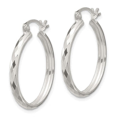 QE16785 Sterling Silver Polished Textured Hoop Earrings