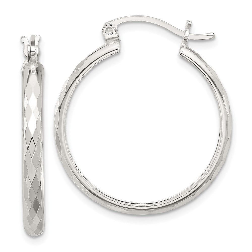 QE16785 Sterling Silver Polished Textured Hoop Earrings