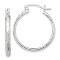QE16785 Sterling Silver Polished Textured Hoop Earrings