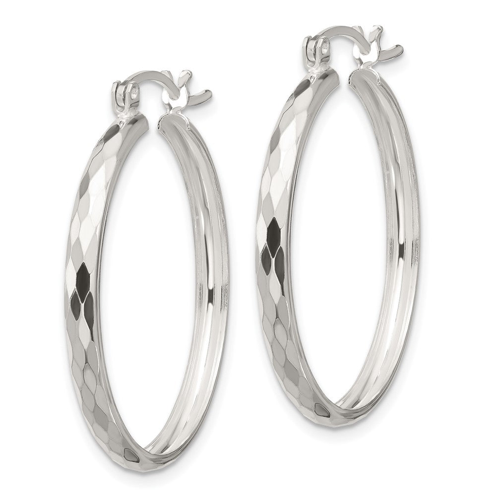 QE16786 Sterling Silver Polished Textured Hoop Earrings