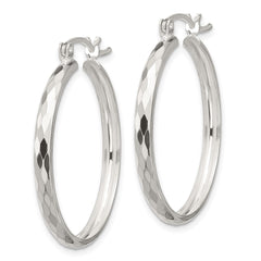 QE16786 Sterling Silver Polished Textured Hoop Earrings