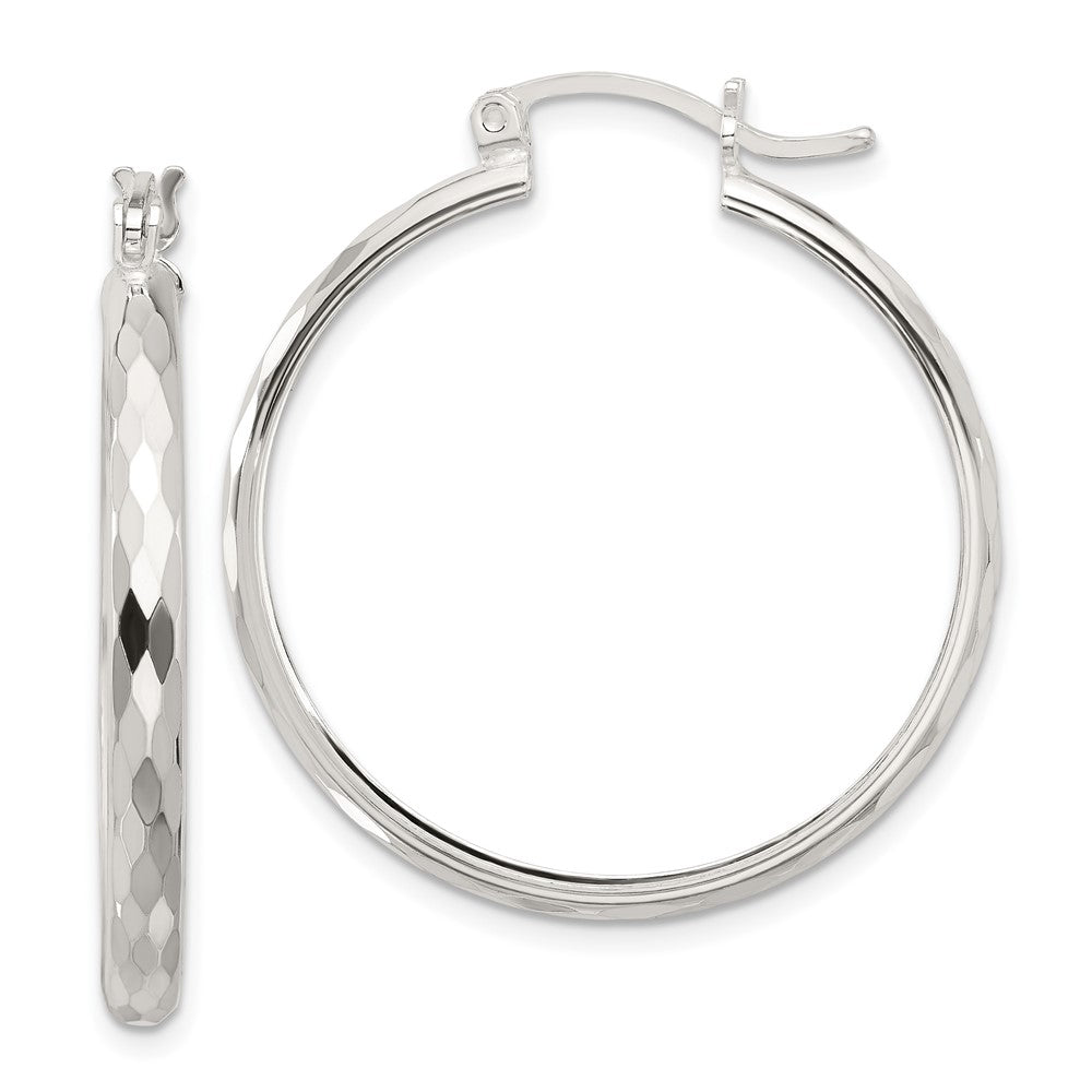 QE16786 Sterling Silver Polished Textured Hoop Earrings