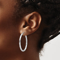 QE16833 Sterling Silver Rh-plated Polished and Textured Twisted Oval Hoop Earrings