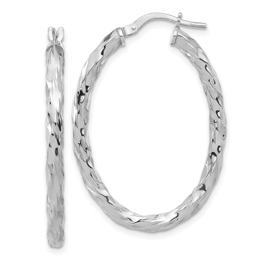 QE16833 Sterling Silver Rh-plated Polished and Textured Twisted Oval Hoop Earrings