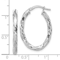 QE16834 Sterling Silver Rh-plated Polished and Textured Twisted Oval Hoop Earrings