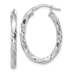 QE16834 Sterling Silver Rh-plated Polished and Textured Twisted Oval Hoop Earrings