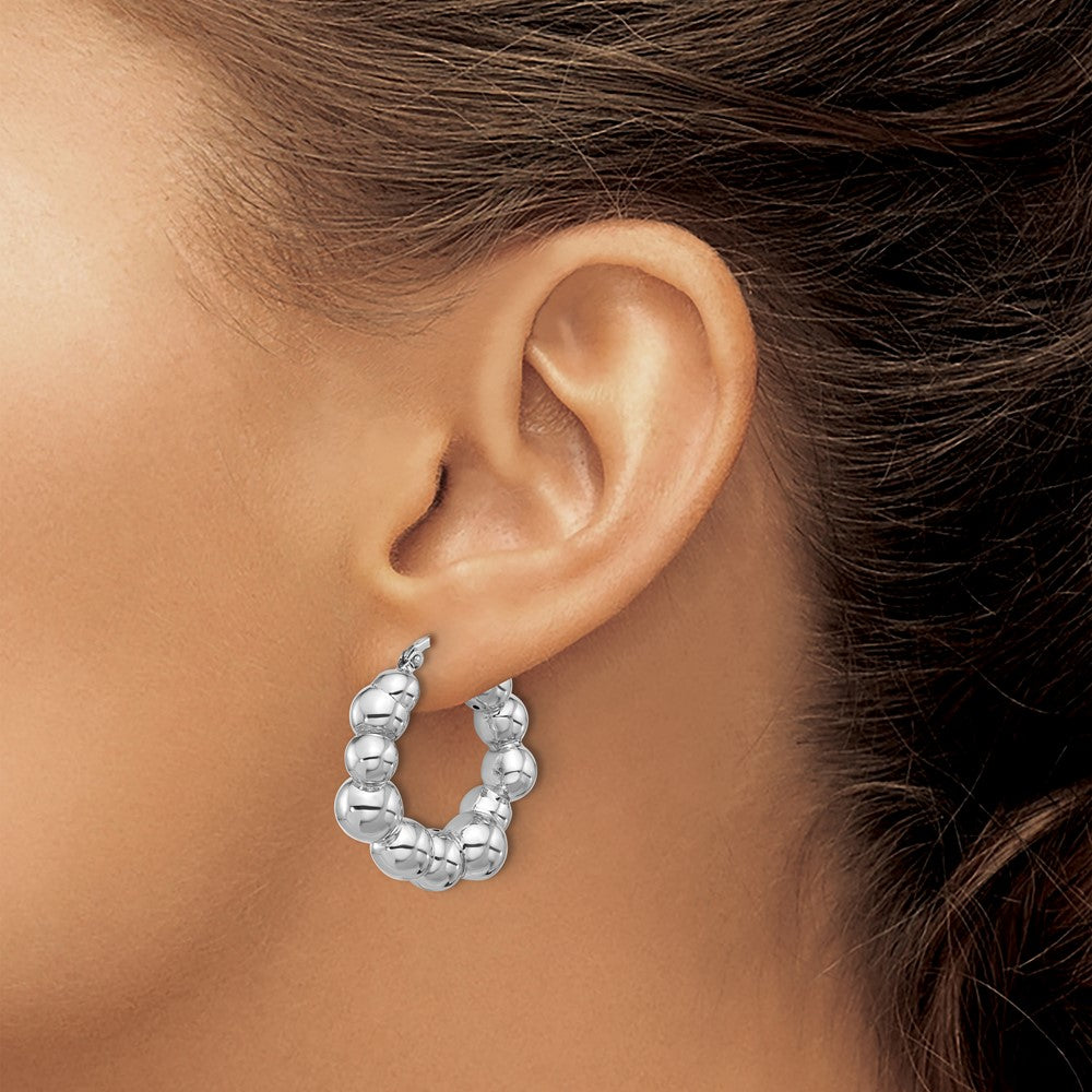 QE16843 Sterling Silver Rhodium-plated Polished Bead Hoop Earrings