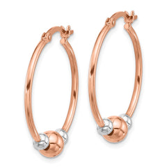 QE16853 Sterling Silver and Rose-tone Polished Beaded Hoop Earrings