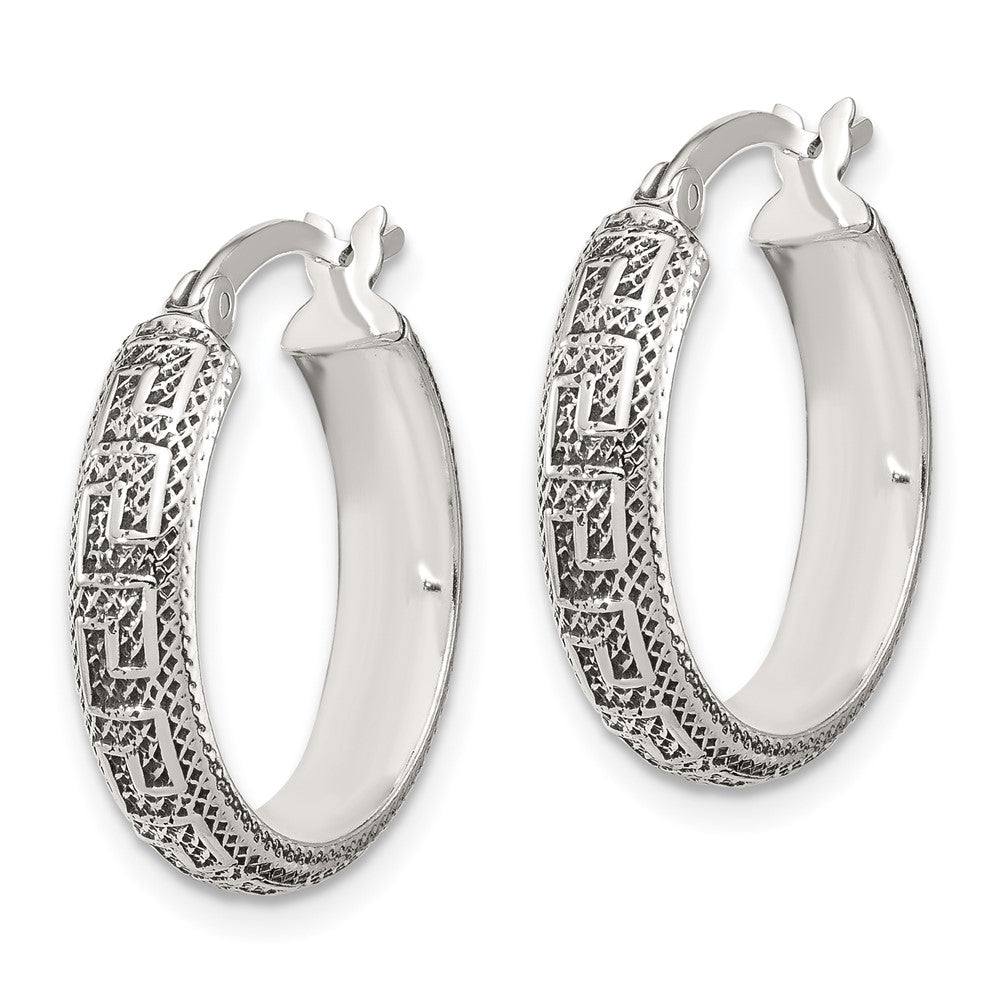 QE16873 Sterling Silver Antiqued/Textured Greek Key SM Round Hoop Earrings