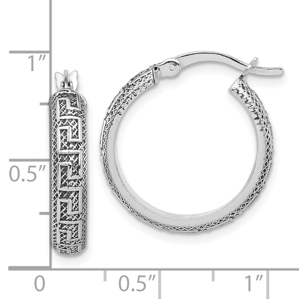 QE16873 Sterling Silver Antiqued/Textured Greek Key SM Round Hoop Earrings