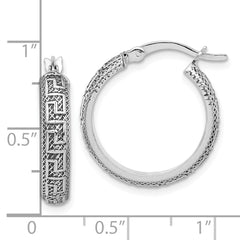 QE16873 Sterling Silver Antiqued/Textured Greek Key SM Round Hoop Earrings