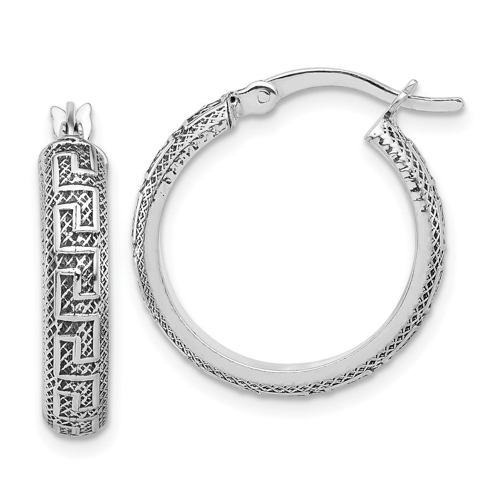 QE16873 Sterling Silver Antiqued/Textured Greek Key SM Round Hoop Earrings