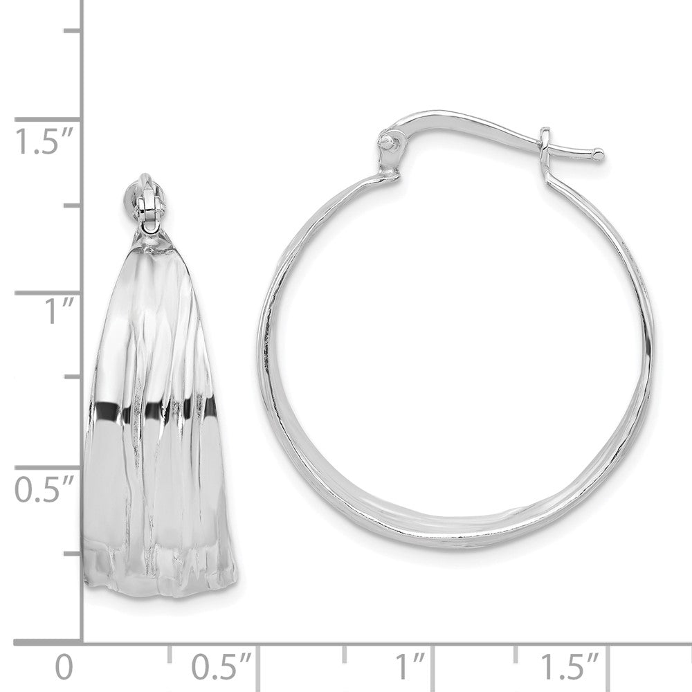 QE16896 Sterling Silver RH-Plated Textured and Tapered MED Round Hoop Earrings
