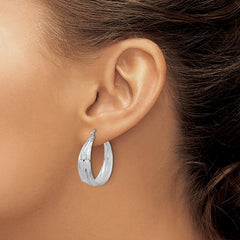 QE16897 Sterling Silver RH-Plated Textured and Tapered LG Round Hoop Earrings