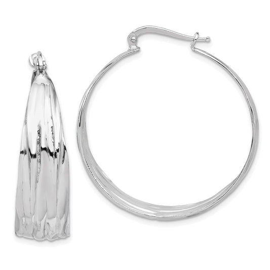 QE16897 Sterling Silver RH-Plated Textured and Tapered LG Round Hoop Earrings
