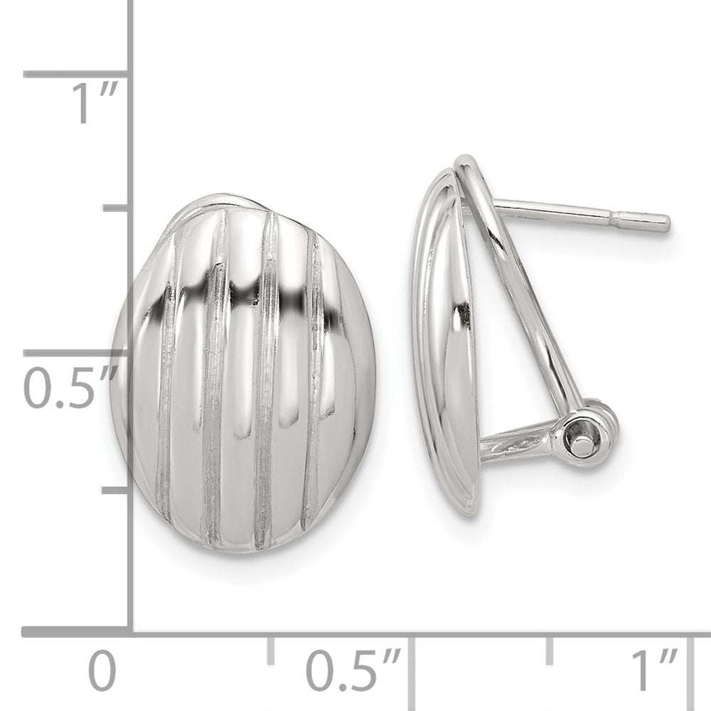 QE16938 Sterling Silver Polished and Striped Texture Oval Omega Back Earrings