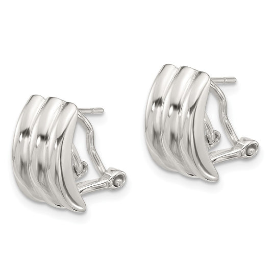 QE16940 Sterling Silver Polished Striped Texture Omega Back Earrings