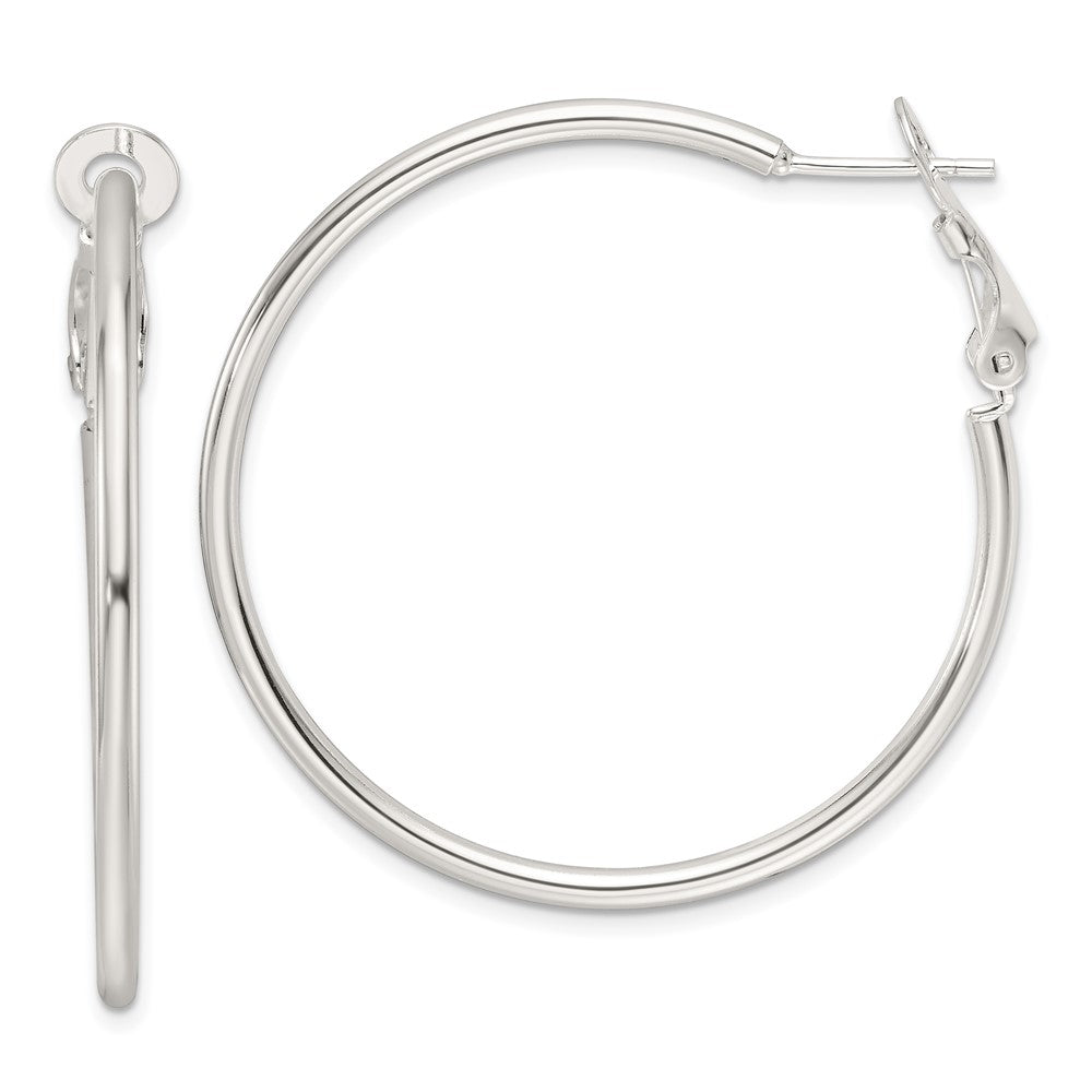 QE16947 Sterling Silver Polished 41x2mm Omega Back Round Hoop Earrings
