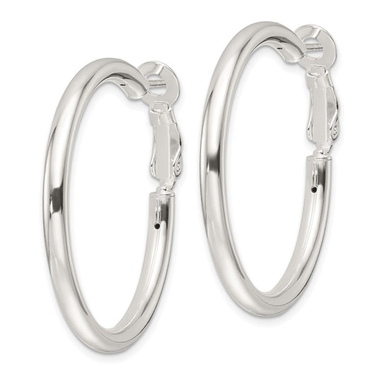 QE16949 Sterling Silver Polished 3.25mm Omega Back Round Hoop Earrings