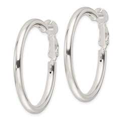 QE16949 Sterling Silver Polished 3.25mm Omega Back Round Hoop Earrings