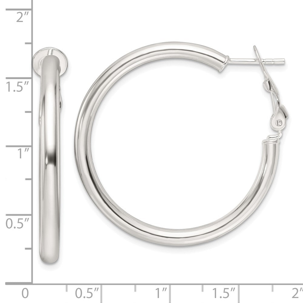 QE16949 Sterling Silver Polished 3.25mm Omega Back Round Hoop Earrings