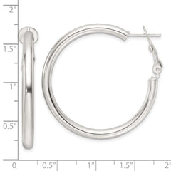 QE16949 Sterling Silver Polished 3.25mm Omega Back Round Hoop Earrings