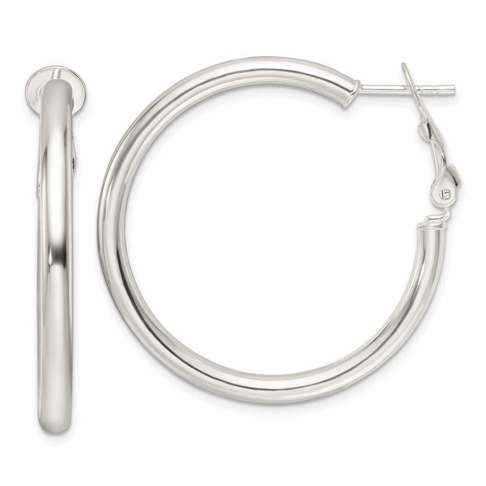 QE16949 Sterling Silver Polished 3.25mm Omega Back Round Hoop Earrings