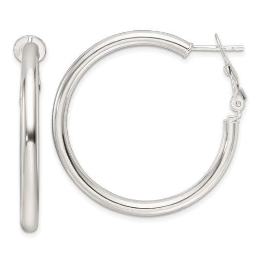 QE16949 Sterling Silver Polished 3.25mm Omega Back Round Hoop Earrings