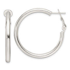 QE16949 Sterling Silver Polished 3.25mm Omega Back Round Hoop Earrings
