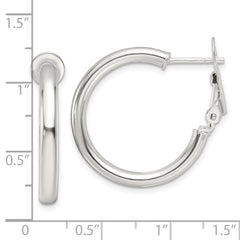 QE16951 Sterling Silver Polished 3.25mm Omega Back Round Hoop Earrings