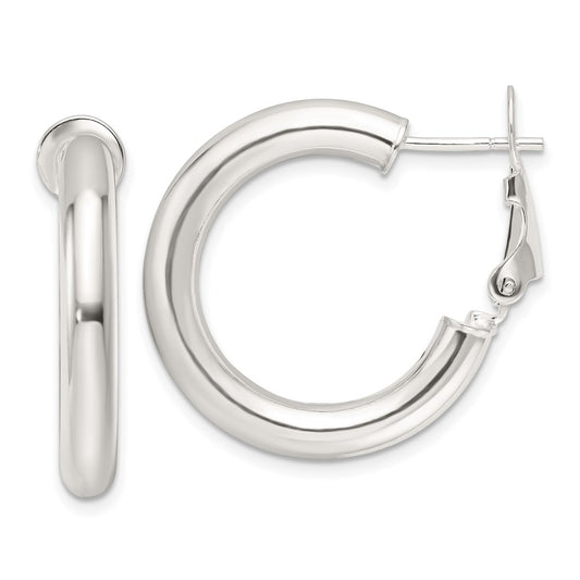 QE16952 Sterling Silver Polished 25.5x4mm Omega Back Round Hoop Earrings