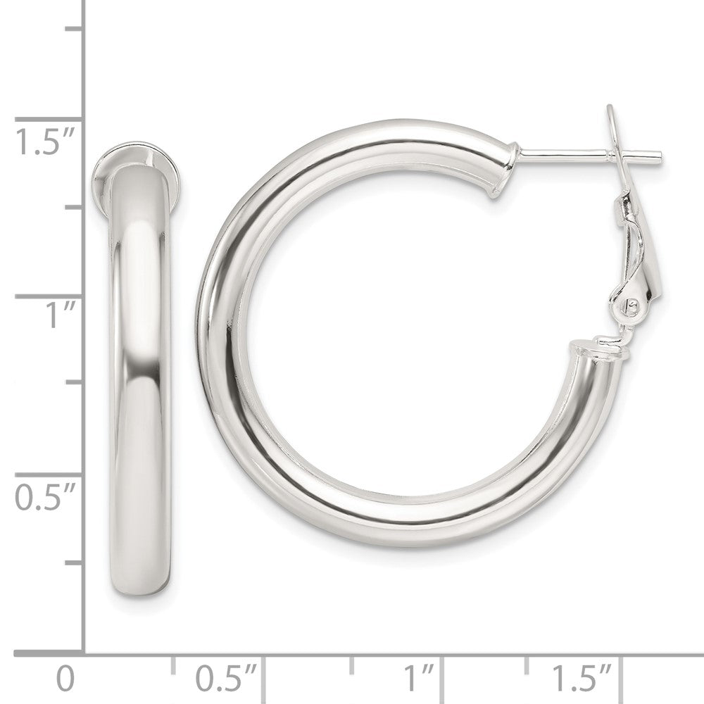 QE16953 Sterling Silver Polished 30x4mm Omega Back Round Hoop Earrings