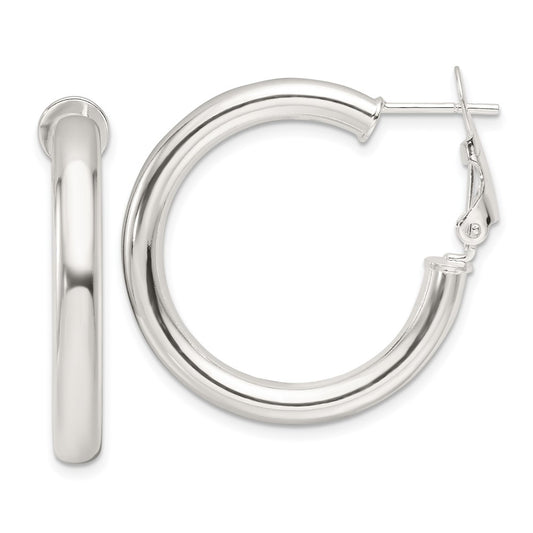 QE16953 Sterling Silver Polished 30x4mm Omega Back Round Hoop Earrings