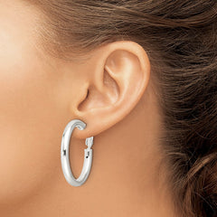 QE16954 Sterling Silver Polished 4mm Omega Back Round Hoop Earrings