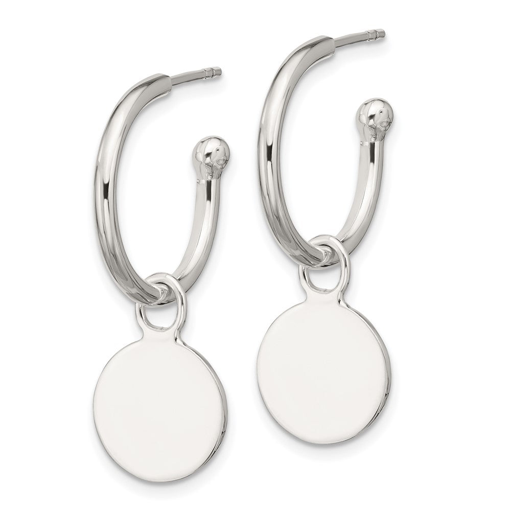 QE17037 Sterling Silver Polished C-Hoop Dangle Disc Post Earrings