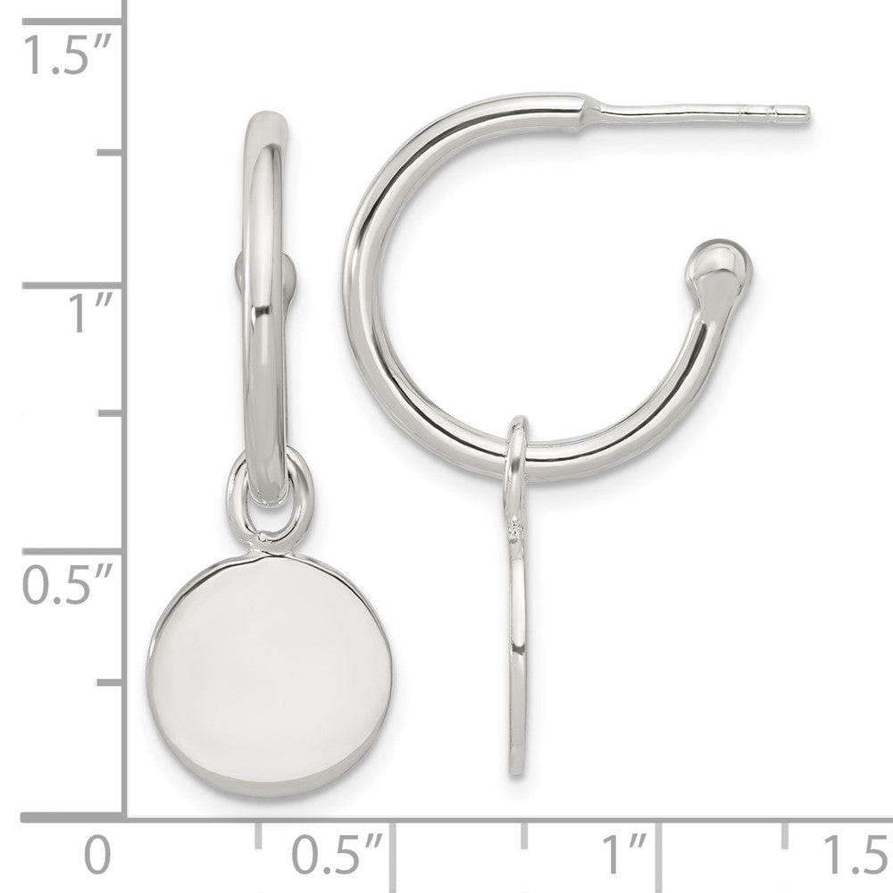 QE17037 Sterling Silver Polished C-Hoop Dangle Disc Post Earrings