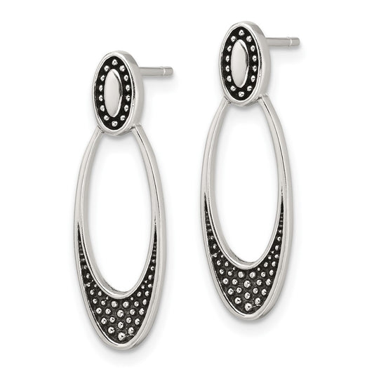 QE17038 Sterling Silver Polished and Antiqued Oval Post Earrings