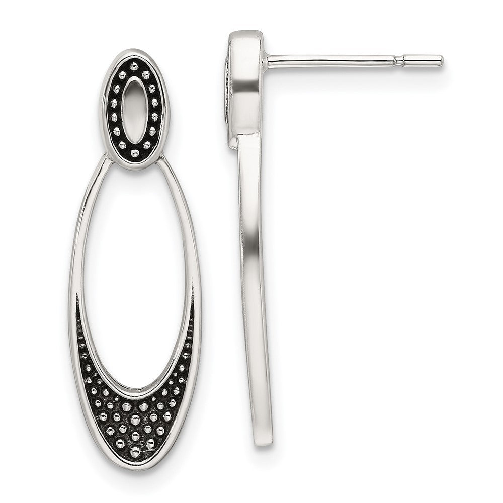 QE17038 Sterling Silver Polished and Antiqued Oval Post Earrings