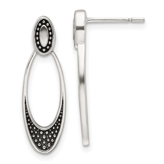 QE17038 Sterling Silver Polished and Antiqued Oval Post Earrings
