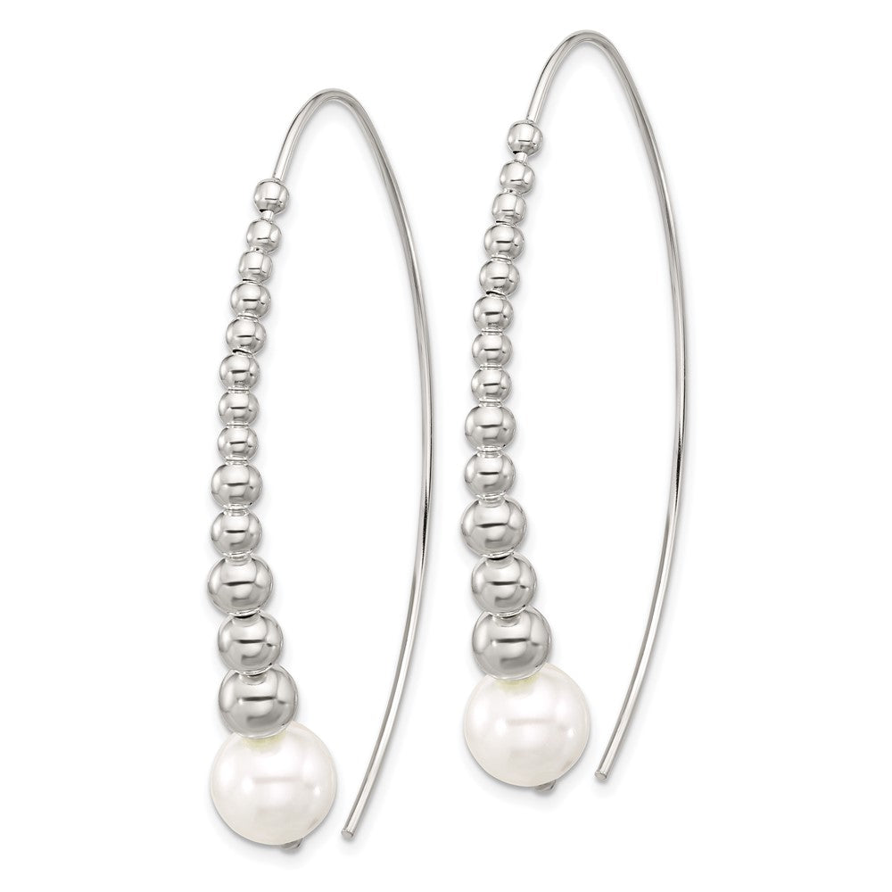 QE17057 Sterling Silver Polished Beaded Simulated Pearl Threader Earrings