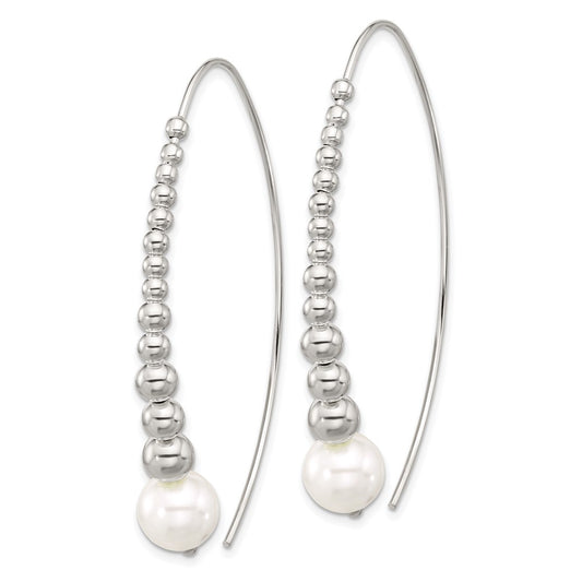 QE17057 Sterling Silver Polished Beaded Simulated Pearl Threader Earrings