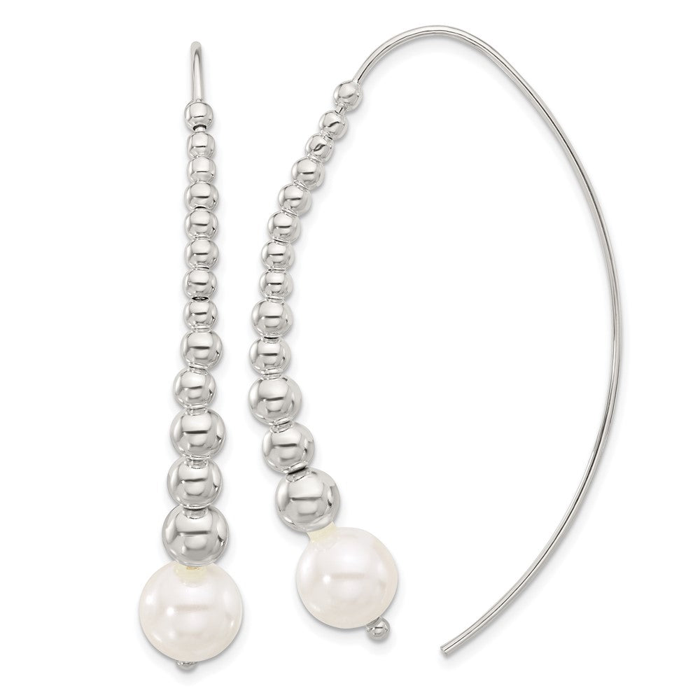 QE17057 Sterling Silver Polished Beaded Simulated Pearl Threader Earrings