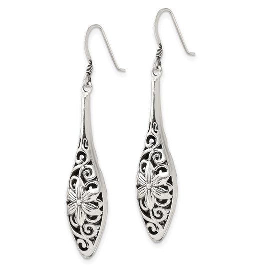 QE17059 Sterling Silver Polished Antiqued Floral Teardrop Shepherd Hook Earrings